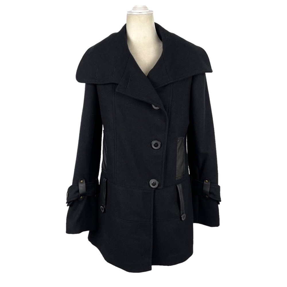 Trilogi Wool Blend Coat Black Faux Leather Trim Single Breasted Jacket Medium